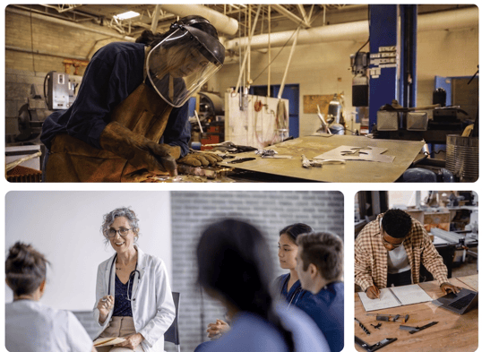 Adult learners and instructors in trades, healthcare, and technical career programs